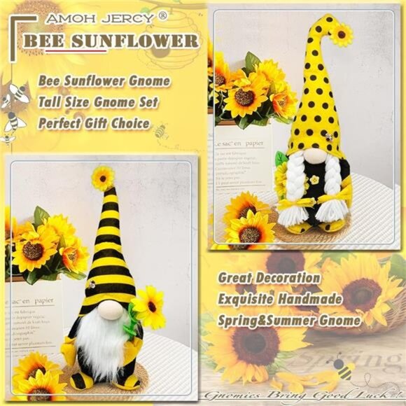 Spring & Summer Gnome Set – 2PCS Sunflower & Bee Plush Decorations, 15” & 14” - Picture 3 of 7